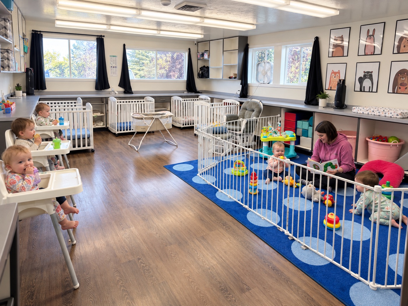 Our bright infant room with cribs, high chairs and a teacher playing with babies