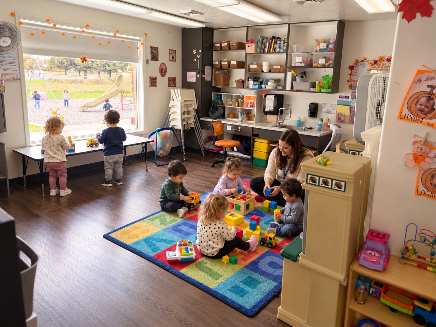 Our toddler room with blocks and toys set out for play